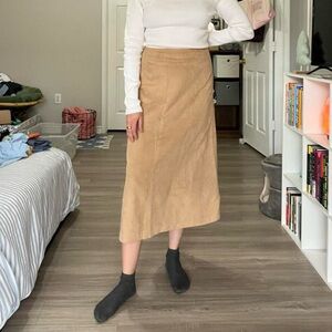 Lightweight khaki colored a-line suede skirt
